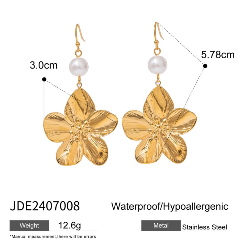 Unisex Trendy 18k Gold Stainless Steel Earrings Fashion Flower Glass Pearl Drop Jewelry - Image 4