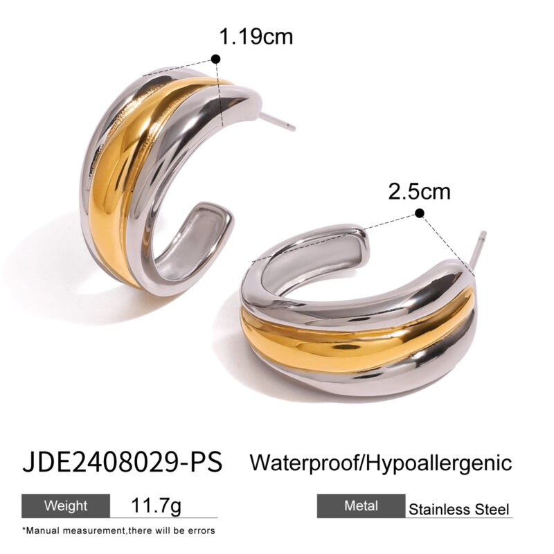 18K Gold Plated Twist Two Tone C-shaped Convex and Concave Color Matching Earrings for Women - Image 3