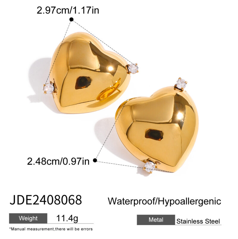 18k Gold Stainless Steel Jewelry Gold Polished Rhinestone Heart Earrings - Image 6