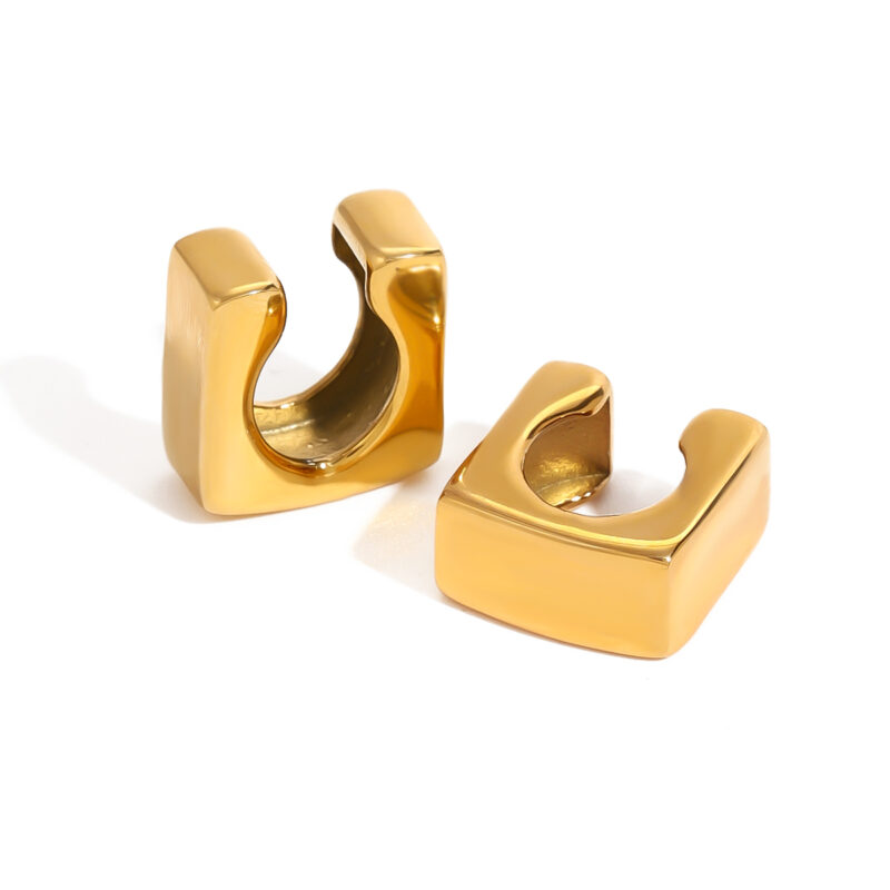 18k Gold Stainless Steel Jewelry Smooth Square Ear Clips Modern Design One Pair
