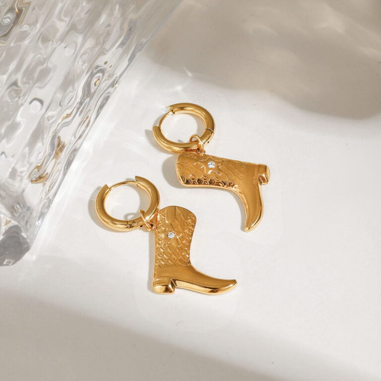 18K Gold Stainless Steel Pattern Boot Drop Earrings Pair - Image 2