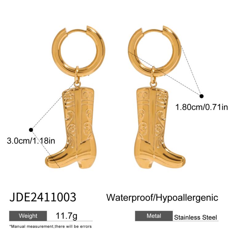 18K Gold Stainless Steel Pattern Boot Drop Earrings Pair - Image 5