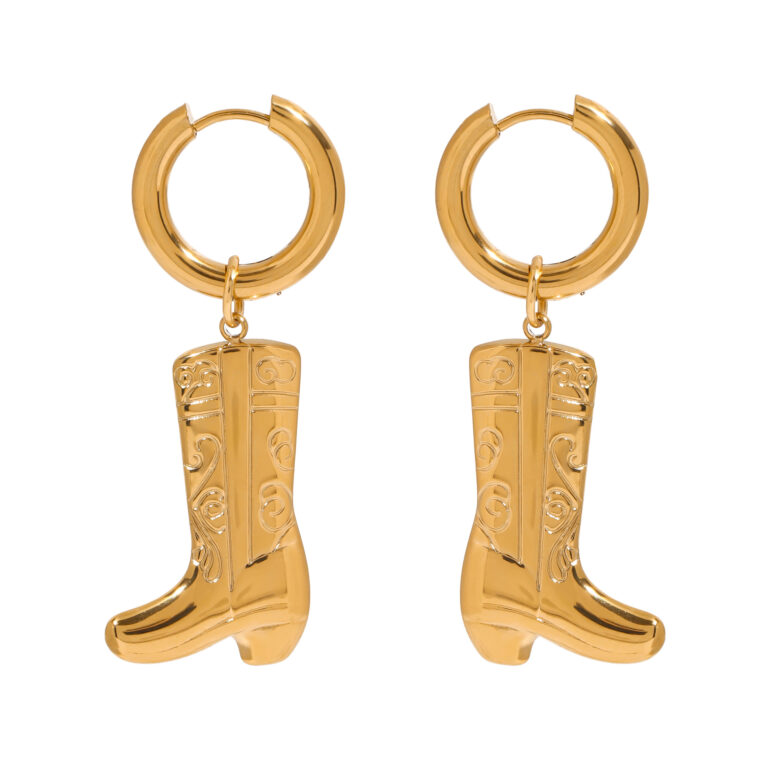 18K Gold Stainless Steel Pattern Boot Drop Earrings Pair