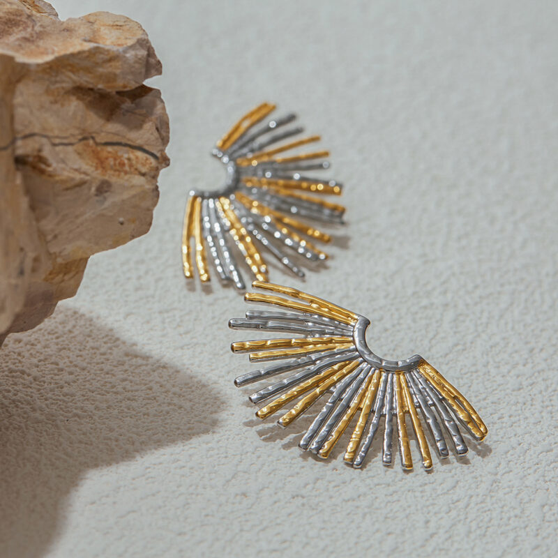 Women's Modern Minimalist 18K Gold Stainless Steel Two-Tone Hollow Fan Drop Earrings - Image 2