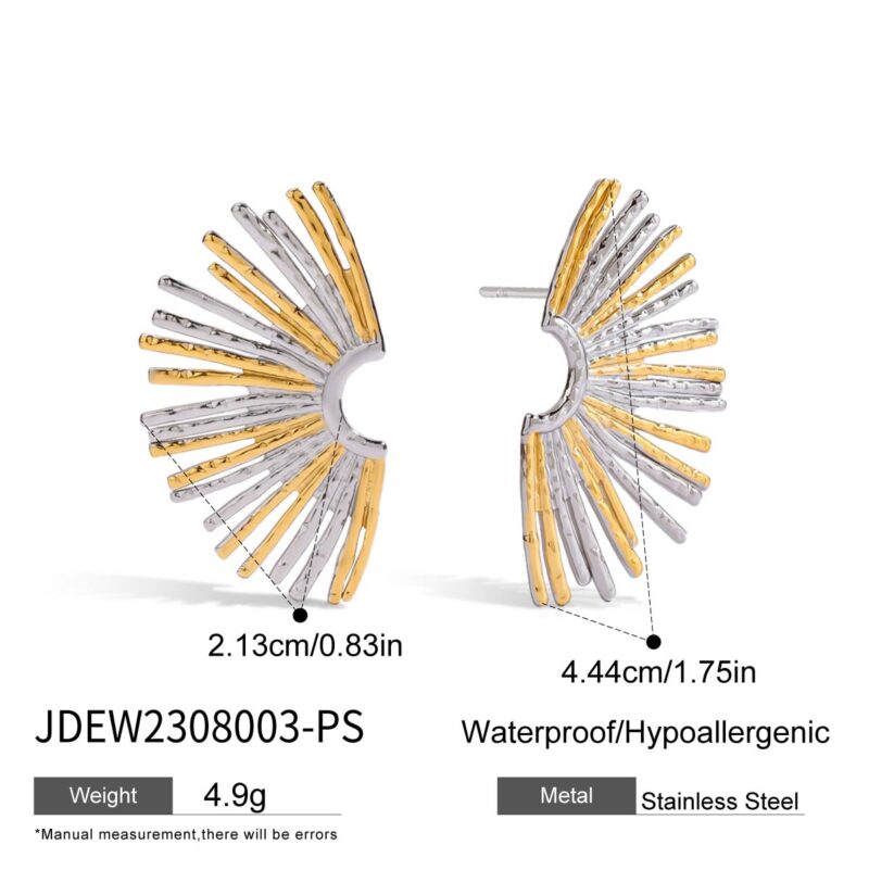 Women's Modern Minimalist 18K Gold Stainless Steel Two-Tone Hollow Fan Drop Earrings - Image 6