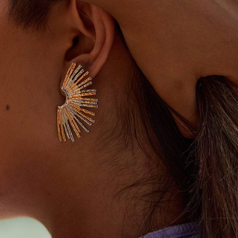 Women's Modern Minimalist 18K Gold Stainless Steel Two-Tone Hollow Fan Drop Earrings - Image 5