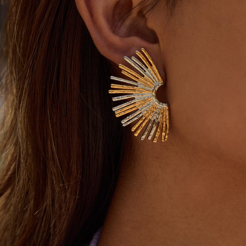 Women's Modern Minimalist 18K Gold Stainless Steel Two-Tone Hollow Fan Drop Earrings - Image 4