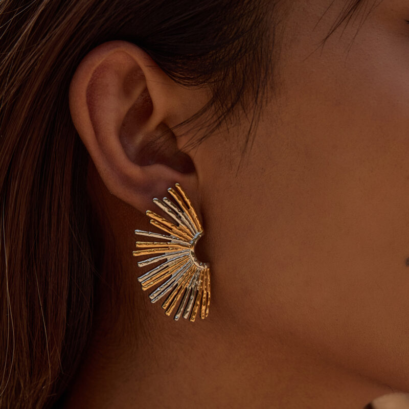 Women's Modern Minimalist 18K Gold Stainless Steel Two-Tone Hollow Fan Drop Earrings - Image 3
