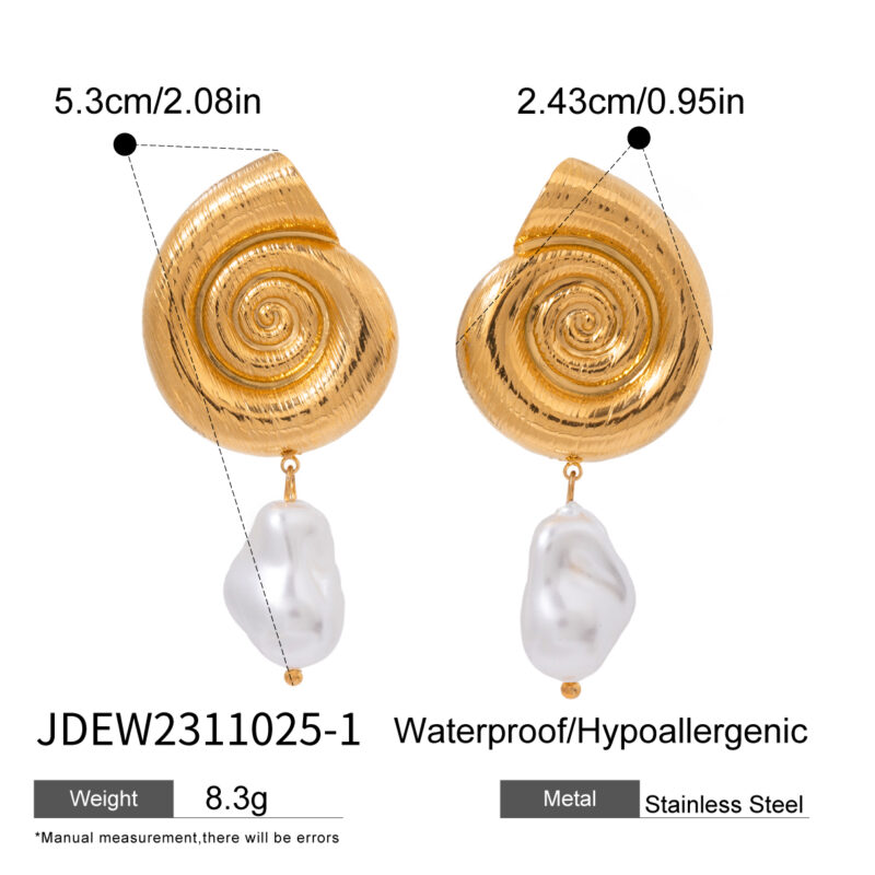 Jewelry 18K PVD Stainless Steel Spiral Statement Stripe Conch Glass Pearl Drop Earrings - Image 4