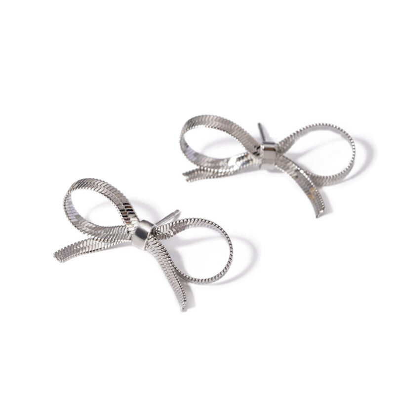 Snake Chain Bow Stud Earring  Silver Plated Stainless Steel Fancy Bow Drop Earring for Women