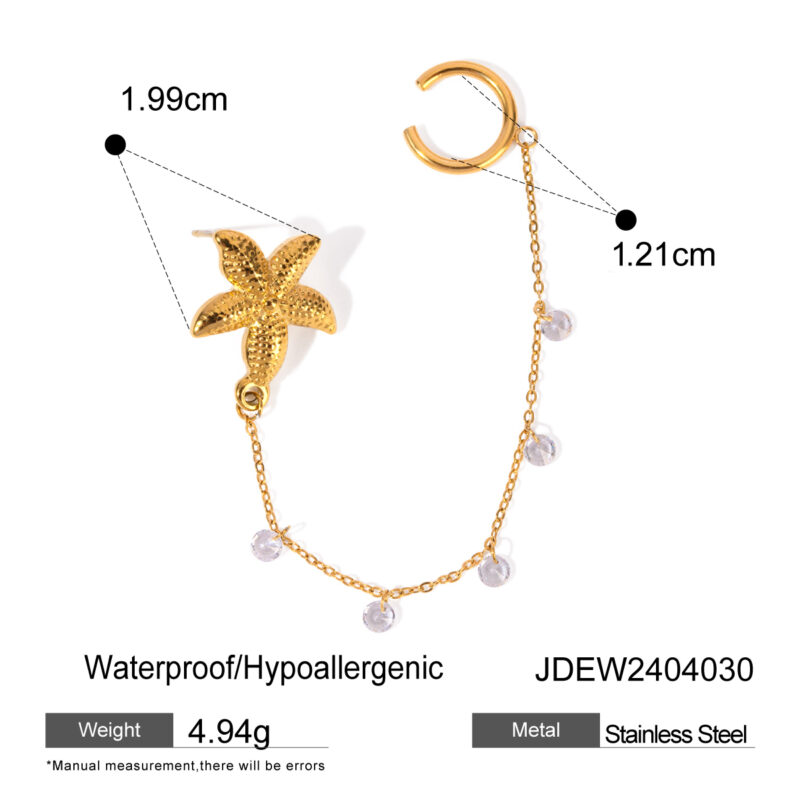 18K PVD CZ Charm Starfish Earrings Ear Cuff - Image 4