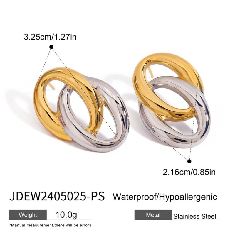 Jewelry 18K Gold Plated High Polished Stainless Steel Interlocking Oval Two Tone Stud Earrings - Image 6
