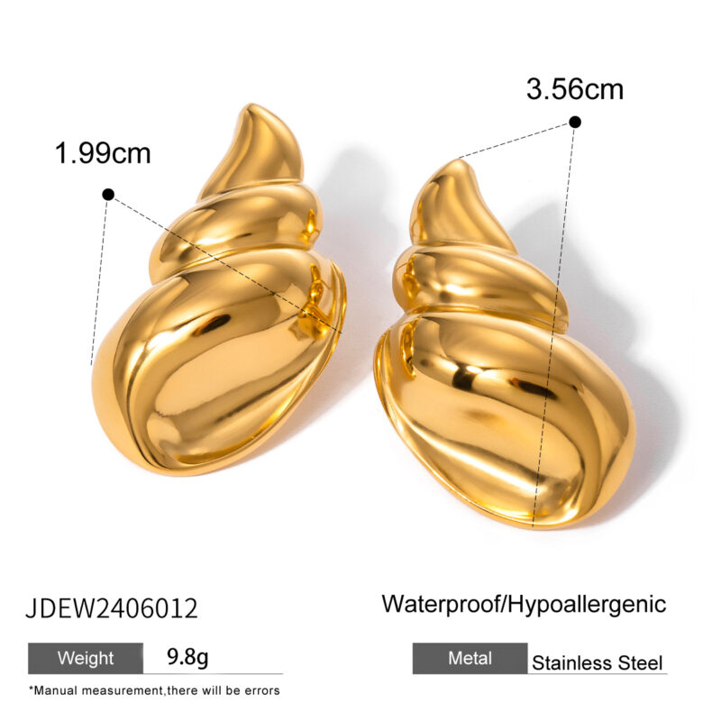 18K Gold Stainless Steel 3D Polished Conch Shell Stud Earrings Left Right Pair with Zircon Trendy Geometric Design - Image 6