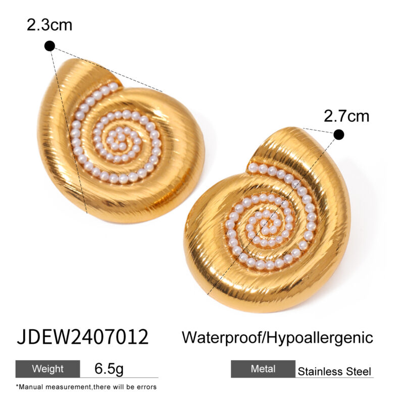 Conch Shape Pearl Stud Earrings 18k Gold Plated Stainless Steel Brushed Finish Nautical Design - Image 6
