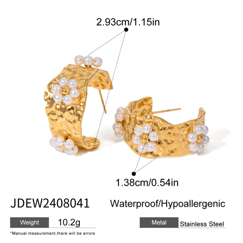 18k Stainless Steel Real Gold IP Plated Hammered Texture Flower C Shape Earrings Unique Style - Image 4