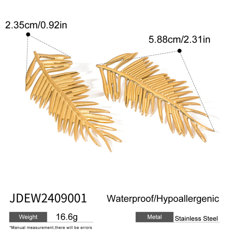 18k Gold Stainless Steel Vintage Hoop Earrings European Style Leaf Design Left & Right Pair for Nature Lovers - Image 6