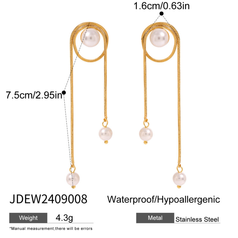 Wholesale 18K Stainless Steel Waterproof Fashionable Imitation Shell Pearl Round Snake Chain Tassel Earrings - Image 3