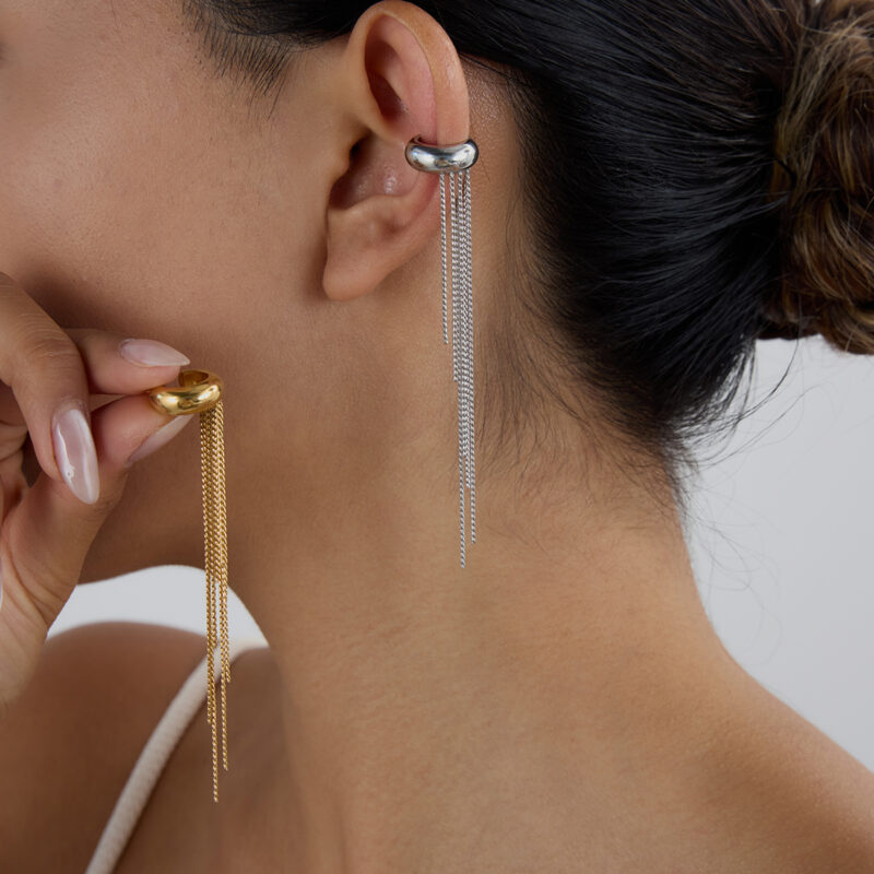 Minimalist Stainless Steel Right Ear Fringe Clip-On Earring - Single Statement Ear Jewelry for Women - Image 3