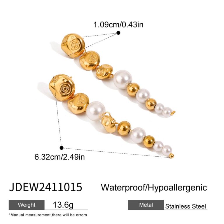 18K Gold Stainless Steel Glass Pearl Beaded Fringe Earrings - Image 5