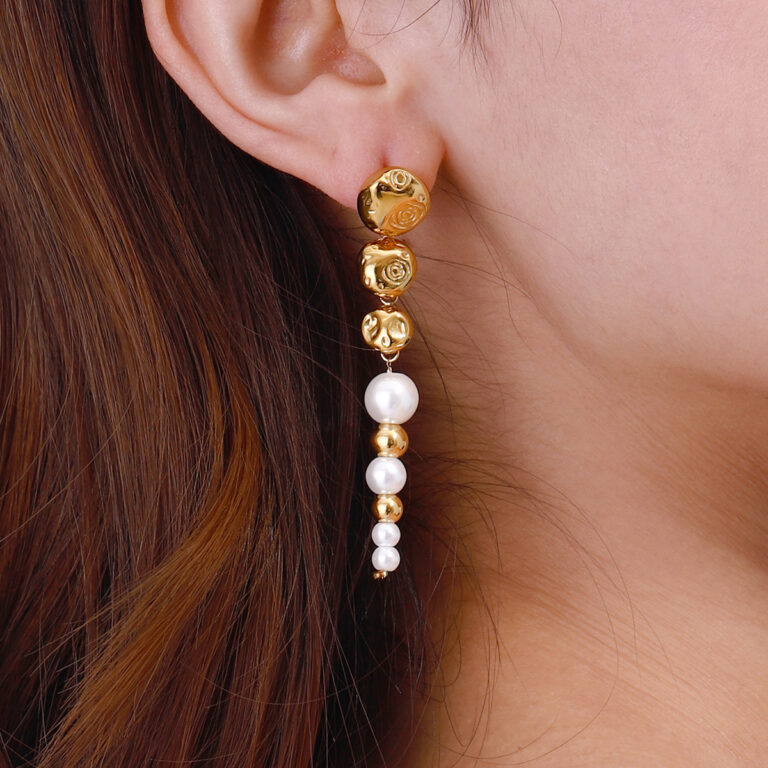 18K Gold Stainless Steel Glass Pearl Beaded Fringe Earrings - Image 3