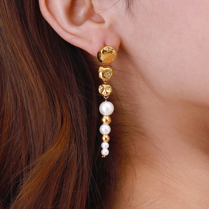 18K Gold Stainless Steel Glass Pearl Beaded Fringe Earrings - Image 3