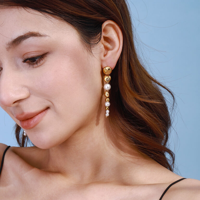 18K Gold Stainless Steel Glass Pearl Beaded Fringe Earrings - Image 4