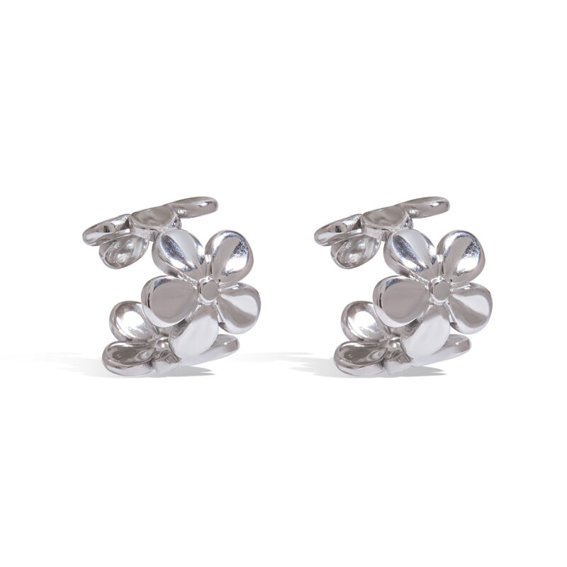 Sweet Romantic Stainless Steel Flower Clip-On Earrings for Women - Elegant Floral Ear Jewelry Pair