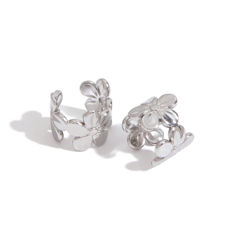Sweet Romantic Stainless Steel Flower Clip-On Earrings for Women - Elegant Floral Ear Jewelry Pair - Image 2