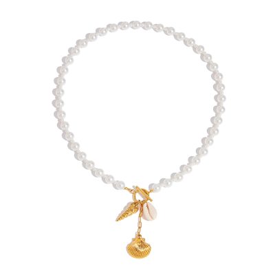 J&D Vacation Boho Beach Necklace 18K Gold Plated Stainless Steel Shell Pearl Pendant Adjustable Layered Jewelry Gift for Her