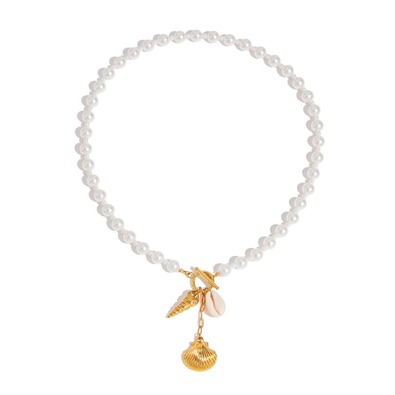J&D Vacation Boho Beach Necklace 18K Gold Plated Stainless Steel Shell Pearl Pendant Adjustable Layered Jewelry Gift for Her