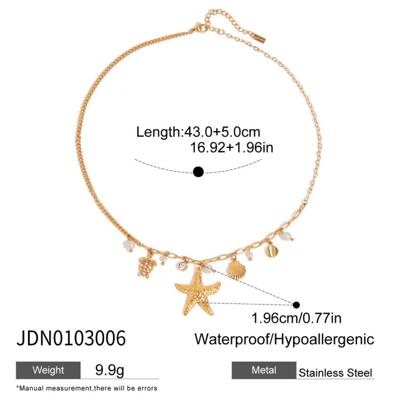 J&D Bohemian 18K Gold Plated Stainless Steel Starfish Shell Pendant Necklace Adjustable Beach Vacation Jewelry for Women - Image 2
