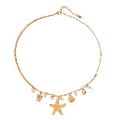 J&D Bohemian 18K Gold Plated Stainless Steel Starfish Shell Pendant Necklace Adjustable Beach Vacation Jewelry for Women