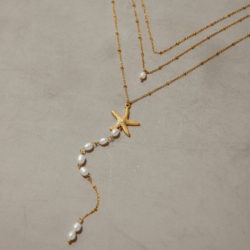 J&D Hypoallergenic 18K Gold Plated Stainless Steel Bohemian Layered Freshwater Pearl Pendant Necklace Adjustable Jewelry - Image 3