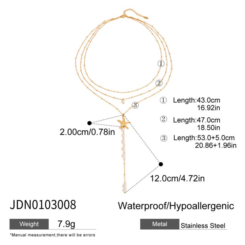J&D Hypoallergenic 18K Gold Plated Stainless Steel Bohemian Layered Freshwater Pearl Pendant Necklace Adjustable Jewelry - Image 6