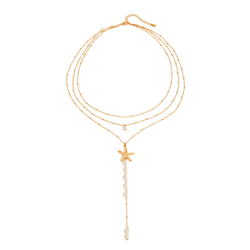 J&D Hypoallergenic 18K Gold Plated Stainless Steel Bohemian Layered Freshwater Pearl Pendant Necklace Adjustable Jewelry - Image 2