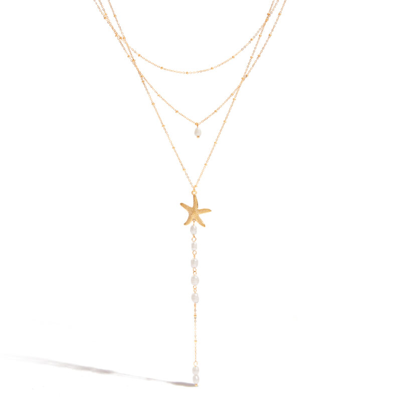 J&D Hypoallergenic 18K Gold Plated Stainless Steel Bohemian Layered Freshwater Pearl Pendant Necklace Adjustable Jewelry