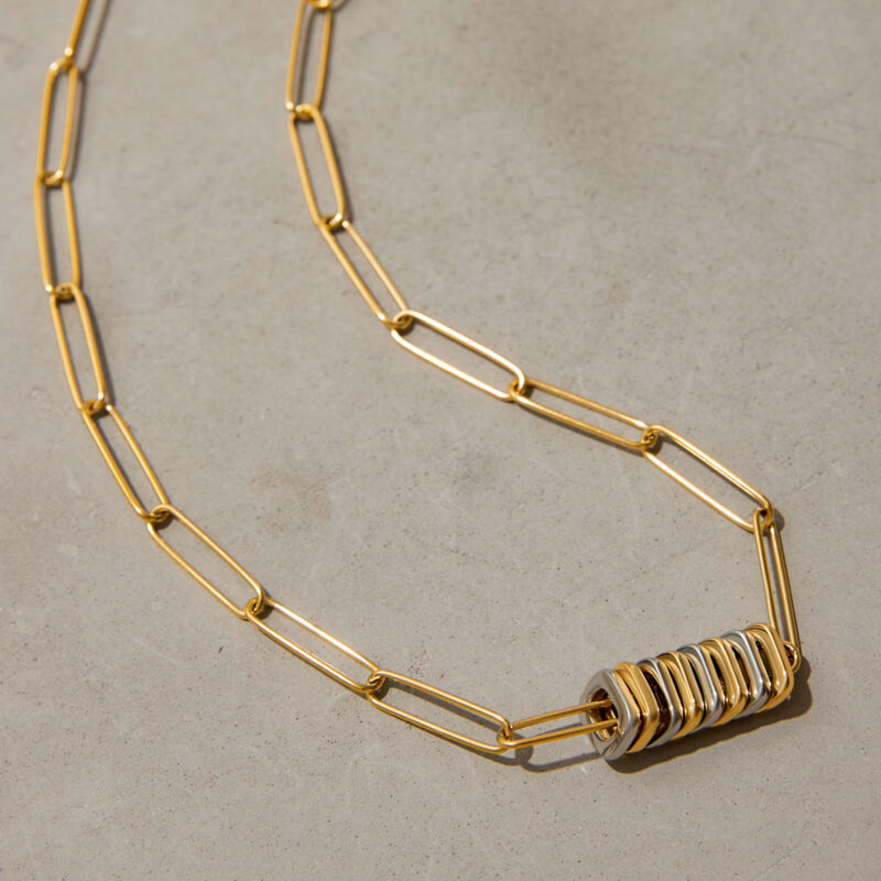 J&D Women Modern Minimalist Two-Tone Jewelry Necklaces 18K Gold Plated Stainless Steel Button Paperclip Chain Layered Dainty Jewelry - Image 5