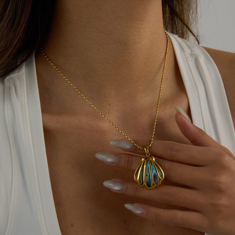 J&D Women Coastal Abalone Shell Necklace 18K Gold Plated Stainless Steel Openwork Pendant Adjustable Layered Boho Jewelry - Image 4