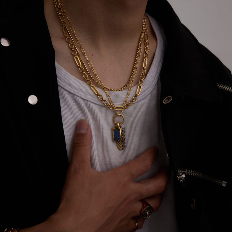 J&D Gender-Neutral Designer Curated Two-Tone Gold Stainless Steel Braided Lapis Lazuli Pendant Necklace Sustainable Stackable - Image 3
