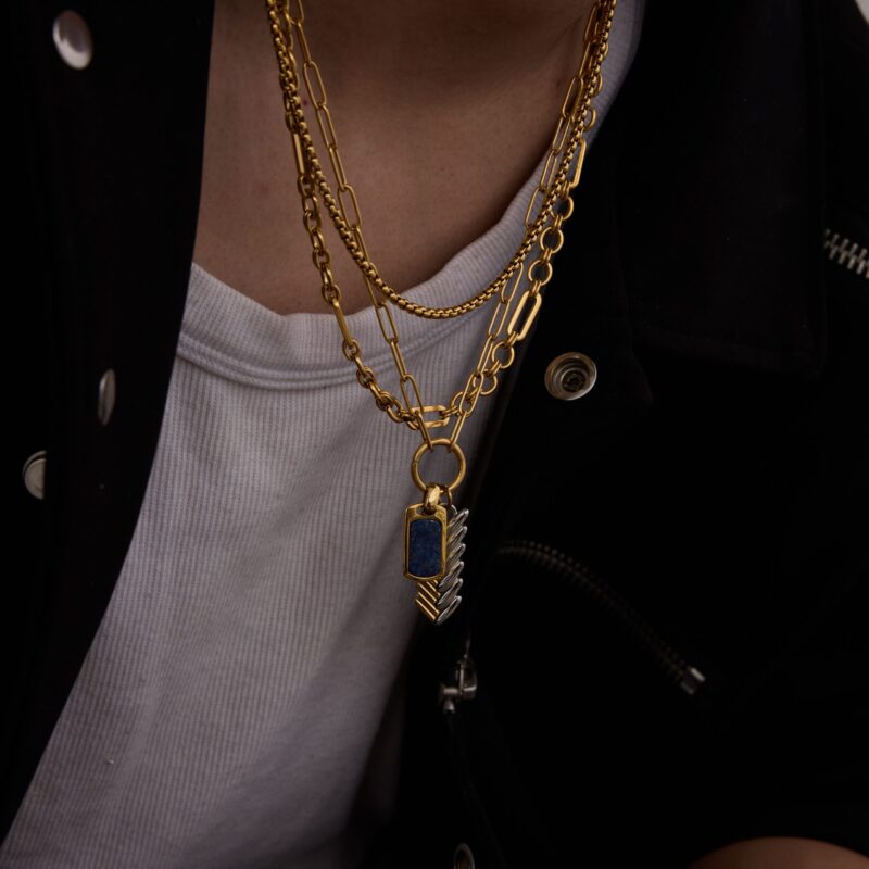 J&D Gender-Neutral Designer Curated Two-Tone Gold Stainless Steel Braided Lapis Lazuli Pendant Necklace Sustainable Stackable - Image 4