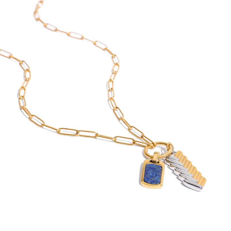 J&D Gender-Neutral Designer Curated Two-Tone Gold Stainless Steel Braided Lapis Lazuli Pendant Necklace Sustainable Stackable - Image 2