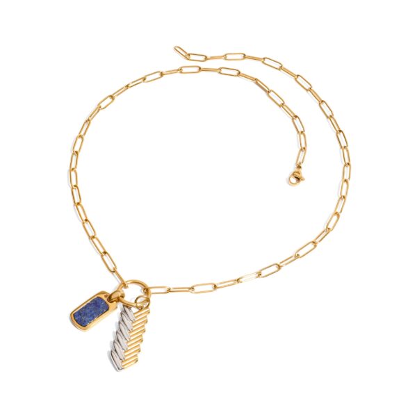 J&D Gender-Neutral Designer Curated Two-Tone Gold Stainless Steel Braided Lapis Lazuli Pendant Necklace Sustainable Stackable