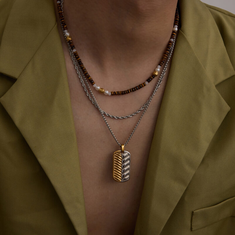 18K Gold Stainless Steel Woven Square Pearl Chain Necklace - Unisex Designer Jewelry - Image 4
