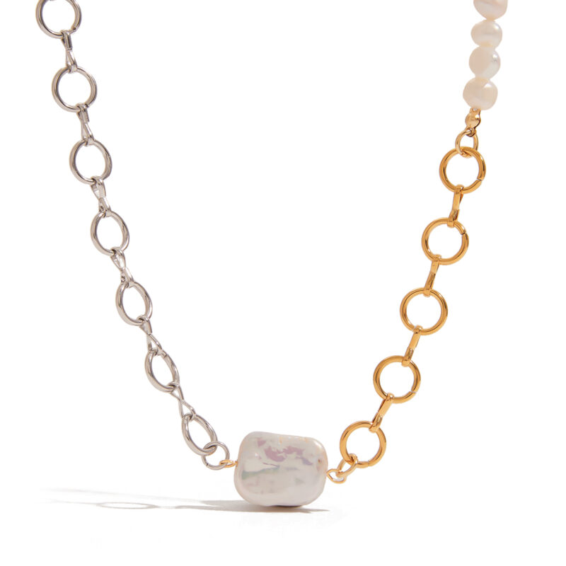 J&D Elegant Graceful 18K Gold Stainless Steel Two Tone Freshwater Pearl O-shaped Hollow Chain Necklaces - Image 2