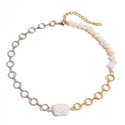 J&D Elegant Graceful 18K Gold Stainless Steel Two Tone Freshwater Pearl O-shaped Hollow Chain Necklaces