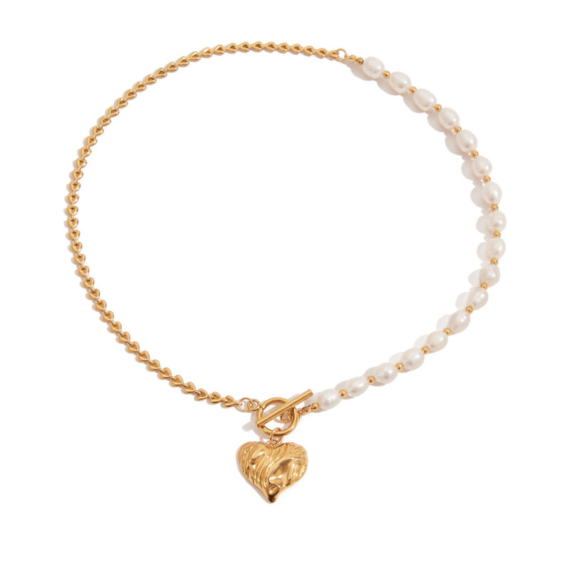 J&D Elegant 18K Gold Stainless Steeltwo Tone Heart Shape Chain Heart Pendant OT Buckle Necklaces