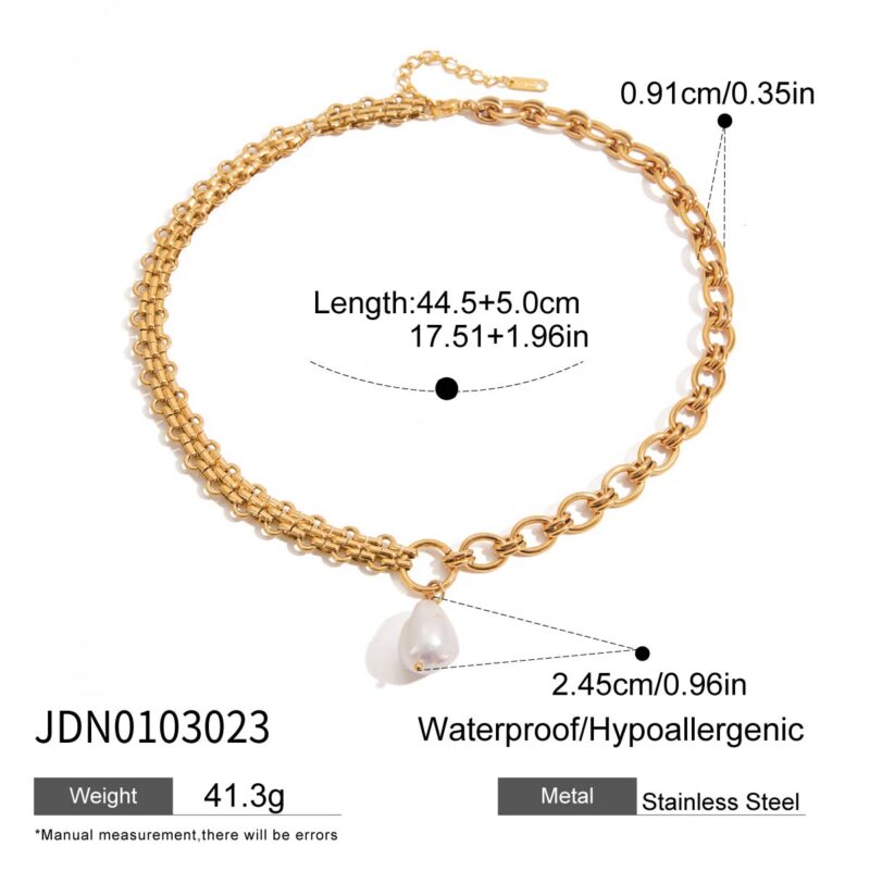 J&D Elegant 18K Gold Stainless Steel Strap Spliced O-shaped Chain Freshwater Pearl Pendant Necklaces - Image 5