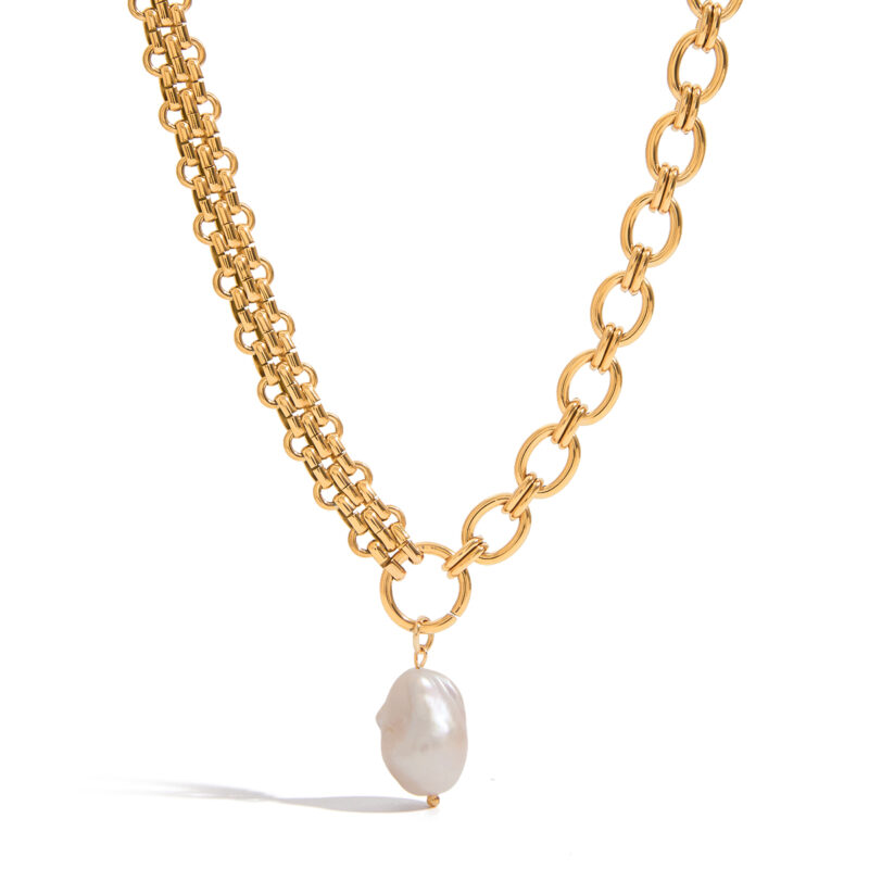 J&D Elegant 18K Gold Stainless Steel Strap Spliced O-shaped Chain Freshwater Pearl Pendant Necklaces - Image 2