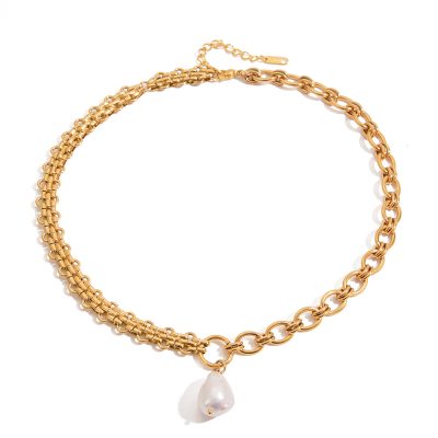 J&D Elegant 18K Gold Stainless Steel Strap Spliced O-shaped Chain Freshwater Pearl Pendant Necklaces