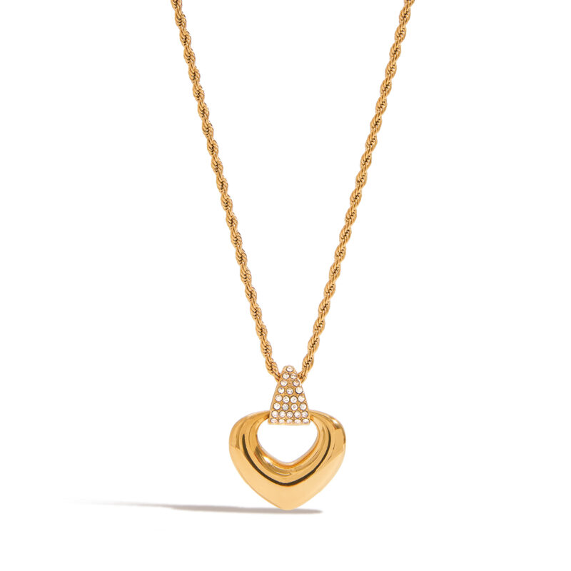 18K Gold Stainless Steel Heart Pendant Necklace - Crystal Hollow Love Charm with Twisted Chain for Women - Image 2